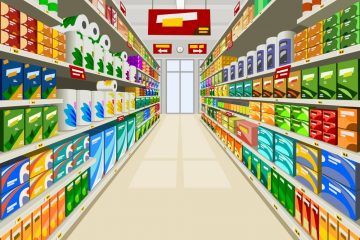 ilustração de corredor de supermercado para ilustrar texto sobre materiais de embalagem