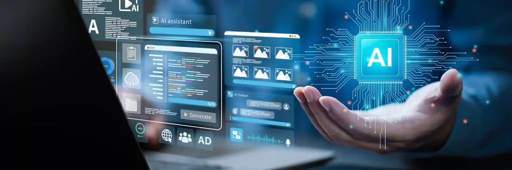 homem com mão estendida com símbolo de AI acima e outros símbolos gráficos