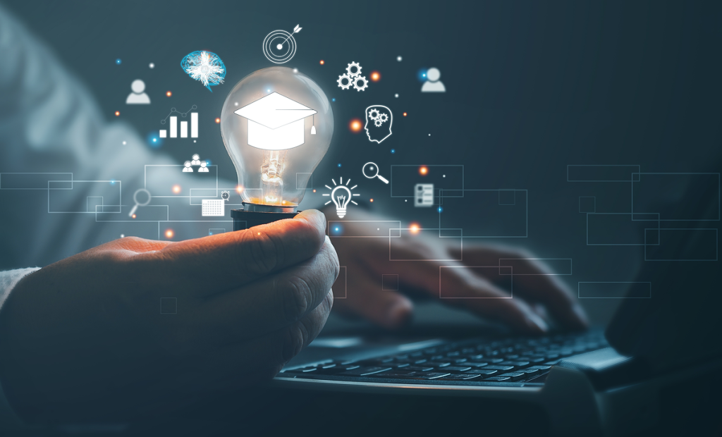 Homem usa o computador. Na imagem aparecem símbolos referentes a educação e tecnologia. Inteligência artificial e mercado de trabalho.